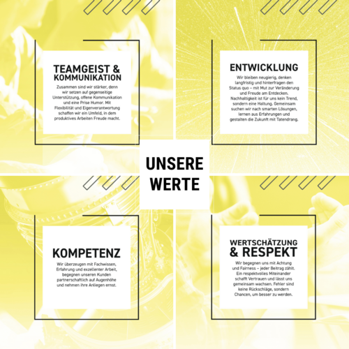 Unsere vier Werte kompakt als Grafik zusammengefasst